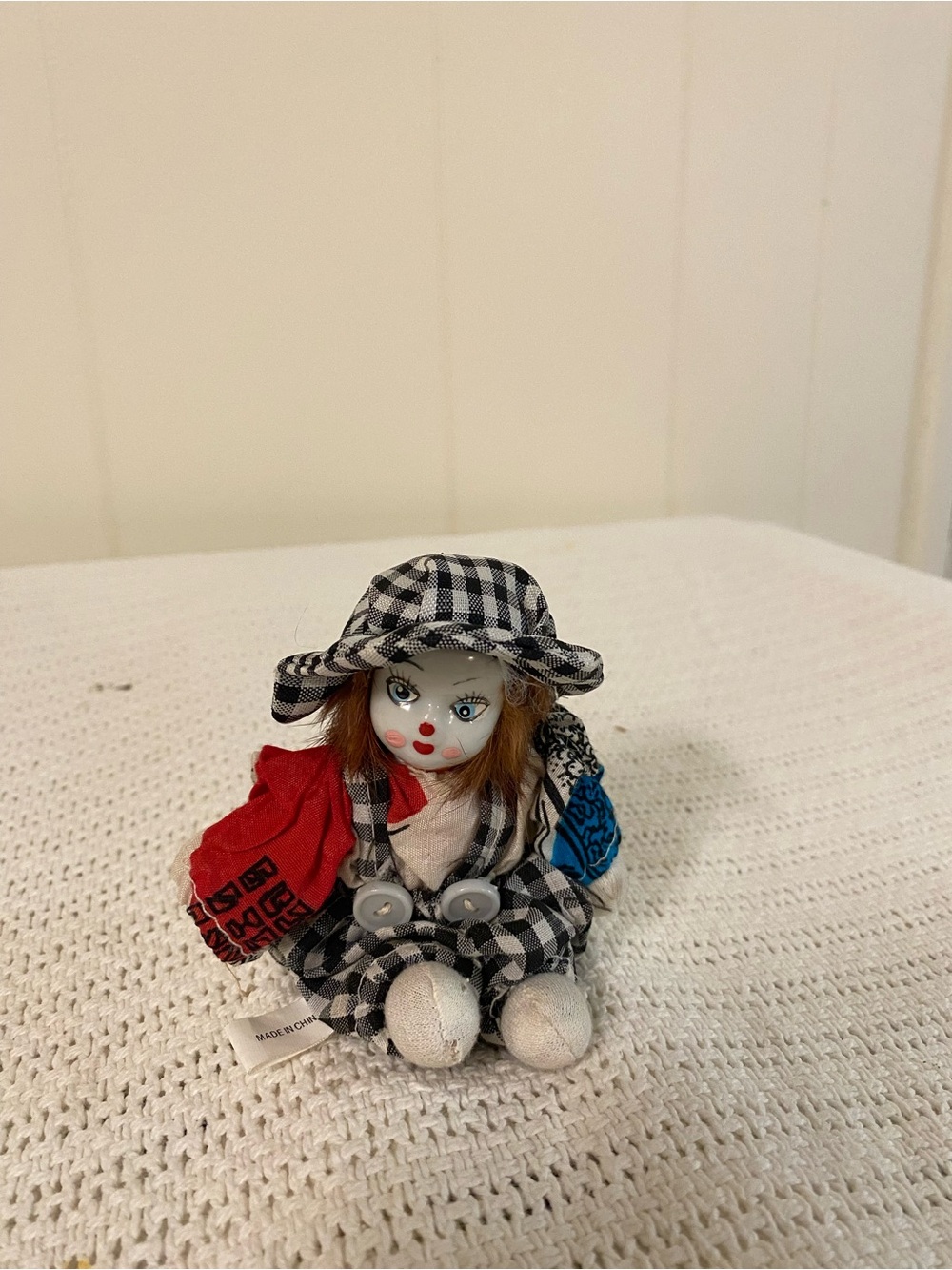 Black & White Checkered Clown Doll Plush Toy with Red and Blue Accents